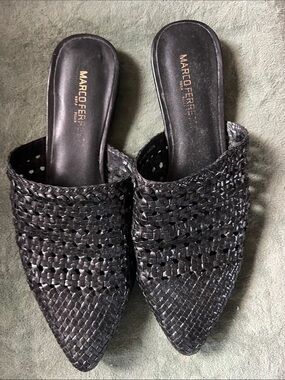 Black Woven Pointed Slip-On Mules